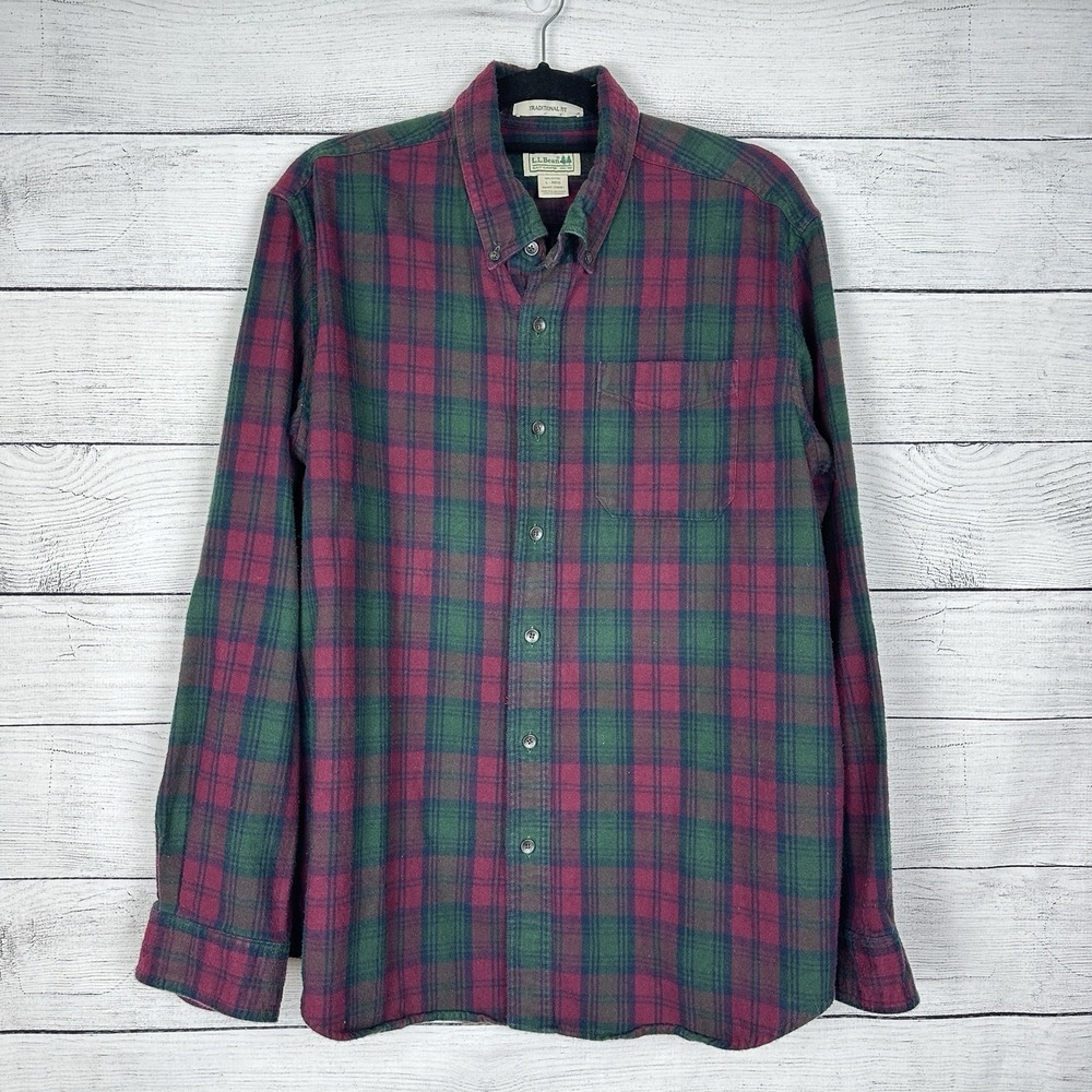 LL Bean Mens Red Green Plaid Flannel Long Sleeve Shirt 100% Cotton Size Large